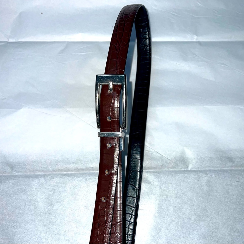 Reversible black/brown gator belt with silver tone hardware